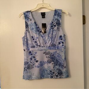 INC International Concepts White and Blue Sleeveless Wrap Blouse